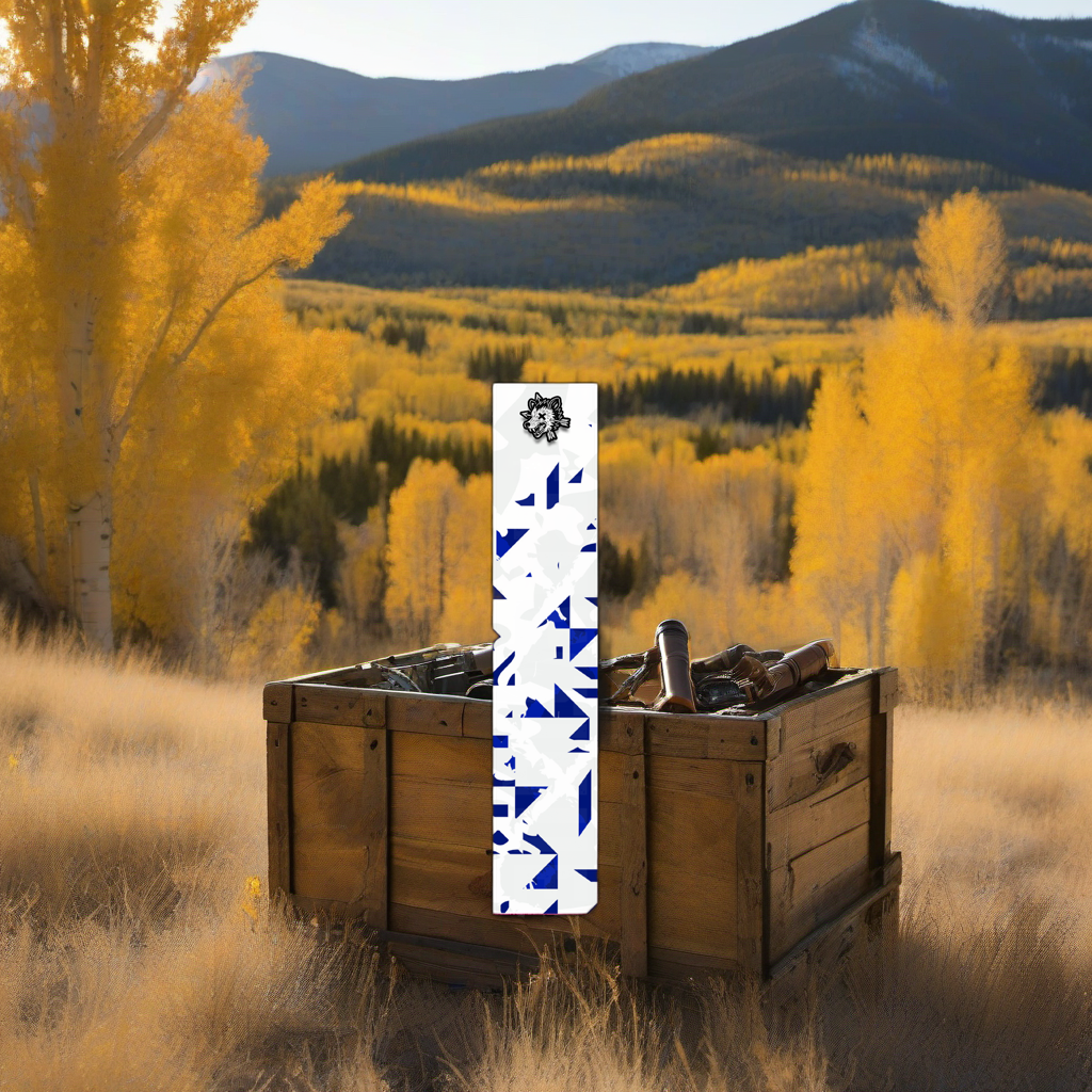 Comic Pop Arrow Wrap on weathered wood in a golden aspen, mountain sunset elk hunting scene. | titlex-scene-western-elk