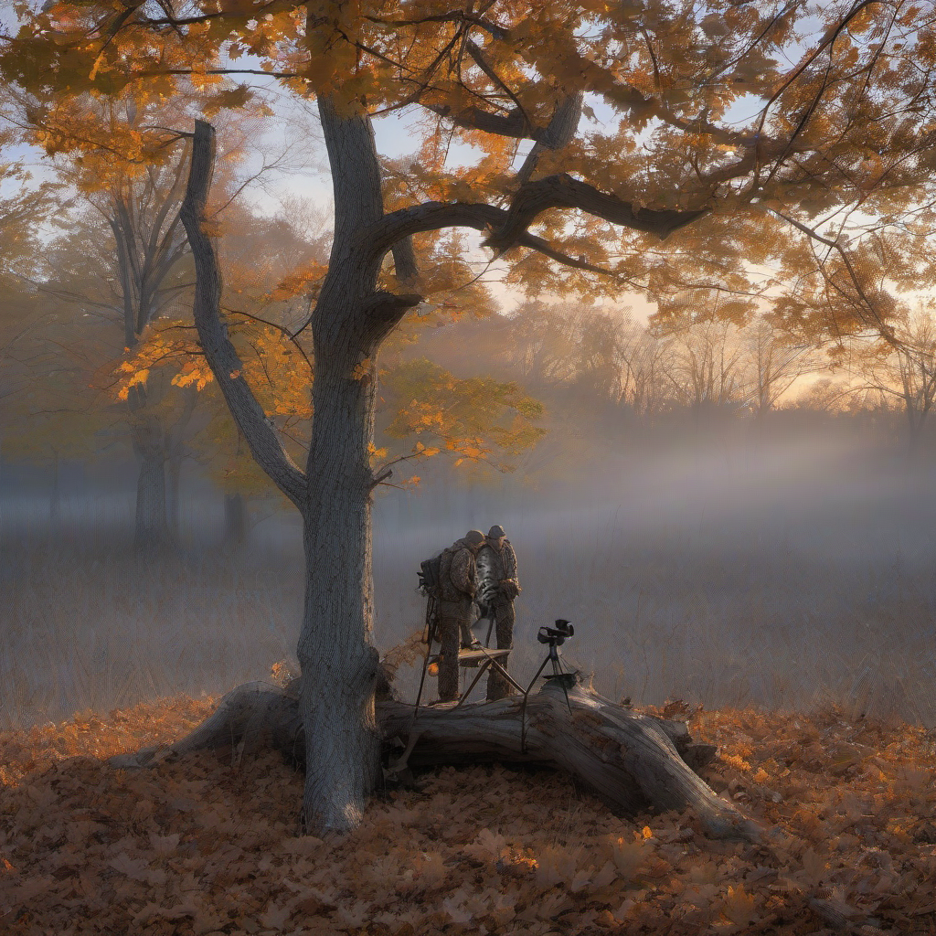 Putrid Arrow Wraps on a wooden treestand overlooking a misty, dawn-lit hardwood forest ridge. | titlex-scene-whitetail-treestand