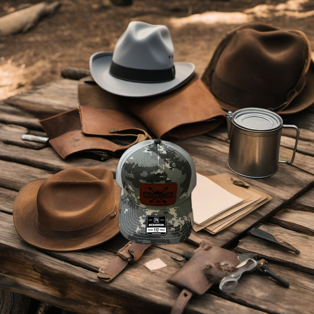 Camo Richardson 112 trucker hat on rustic wood, styled for a Father's Day gift in golden hour camp setting. | titlex-scene-fathers-day