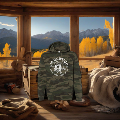 Camo hoodie on weathered wood in a golden aspen, mountain sunset elk hunting scene. | titlex-scene-western-elk