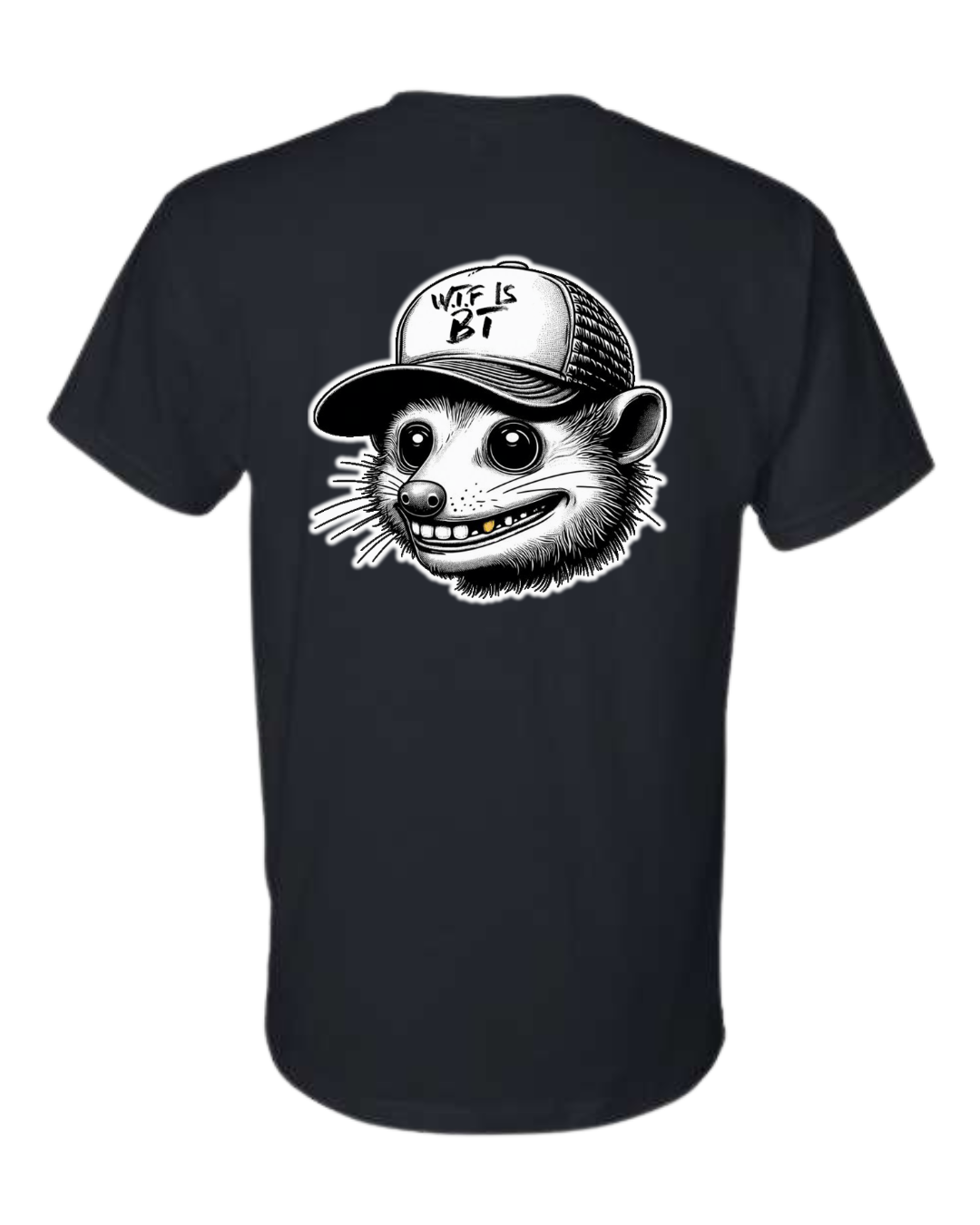 Black t-shirt featuring a graphic of a raccoon wearing a cap that reads "WTF IS BT?". | titlex-cutout