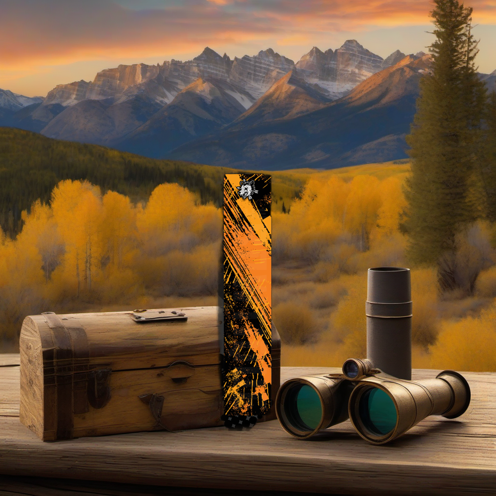 Comic Pop Arrow Wrap on weathered wood in a golden aspen, mountain sunset elk hunting scene. | titlex-scene-western-elk