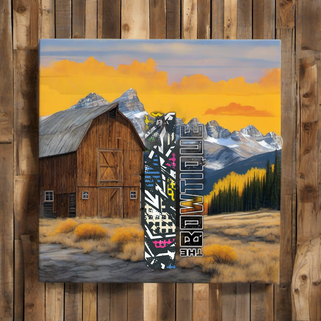 Comic Pop Arrow Wrap on weathered wood, set against golden aspens and distant mountains at sunset. | titlex-scene-western-elk