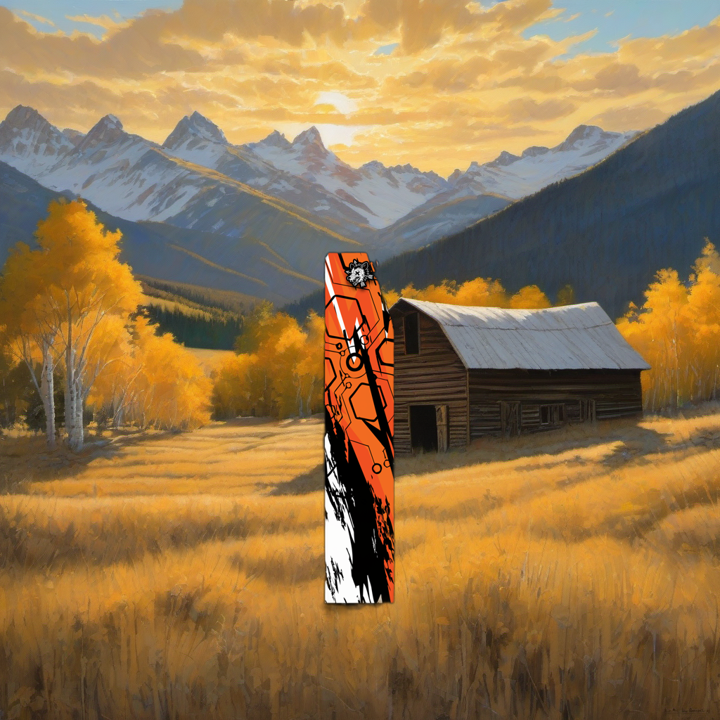 Comic Pop Arrow Wrap on weathered wood, set against golden aspens and mountain sunset. | titlex-scene-western-elk
