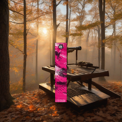 Comic Pop Arrow Wrap on a wooden treestand overlooking a misty, dawn-lit hardwood timber ridge. | titlex-scene-whitetail-treestand