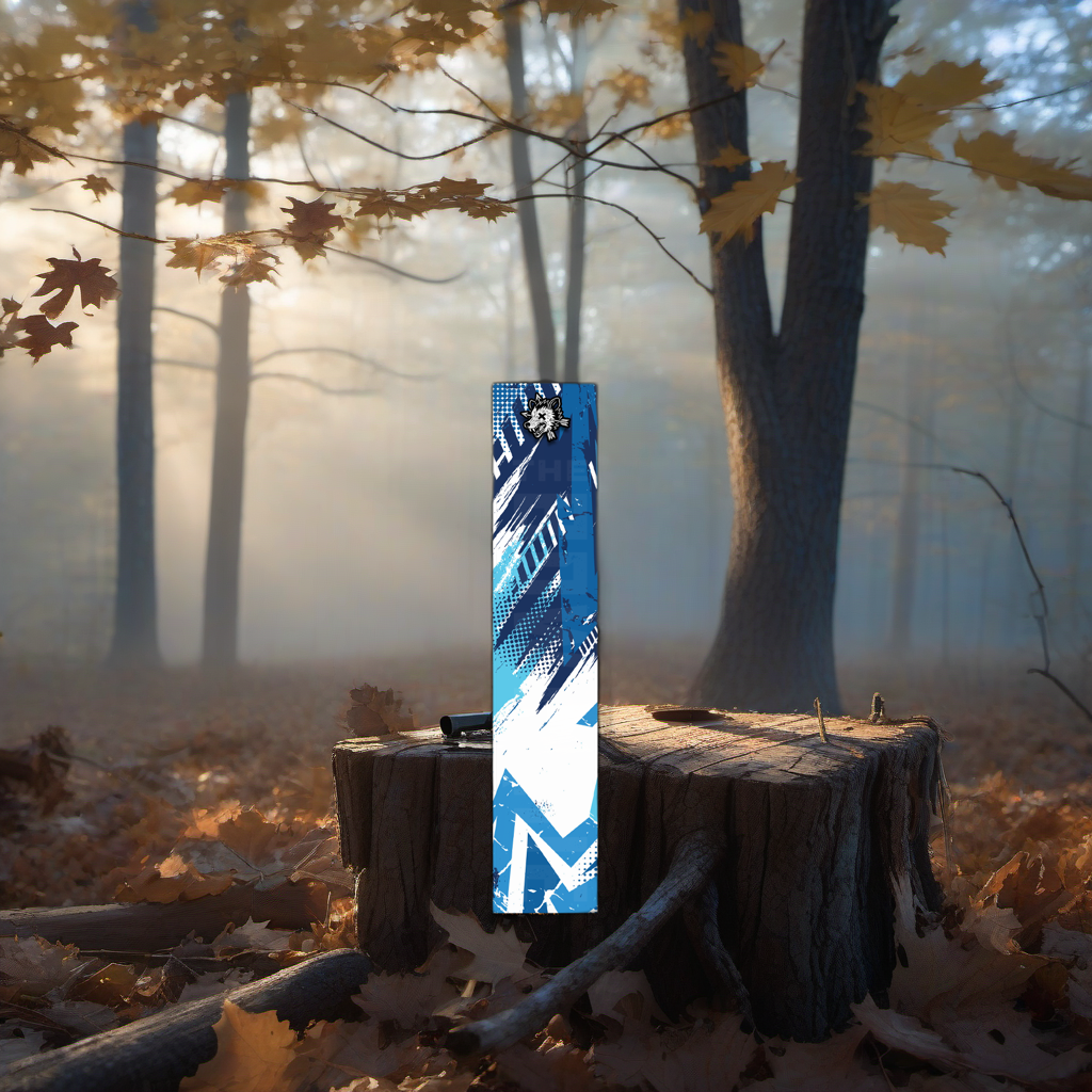 Comic Pop Arrow Wrap on a wooden treestand overlooking a misty, dawn-lit hardwood forest. | titlex-scene-whitetail-treestand