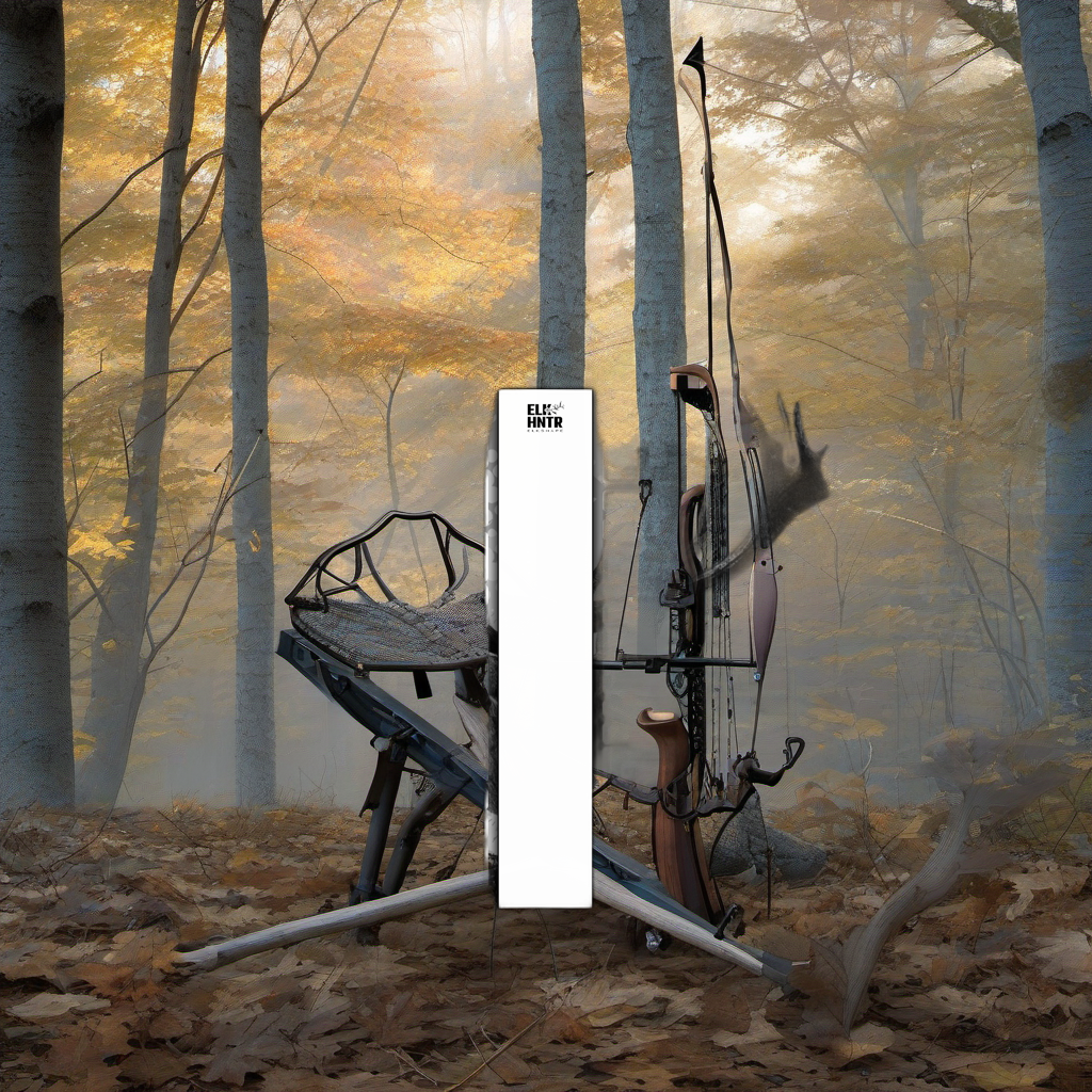 White arrow wraps on a wooden treestand overlooking a misty Midwest forest at dawn. | titlex-scene-whitetail-treestand
