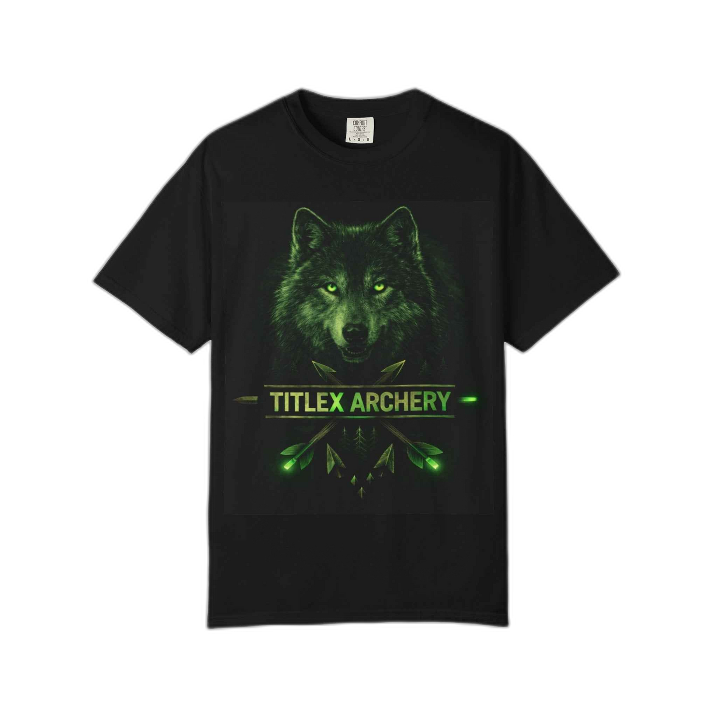 Black t-shirt featuring a green graphic of a wolf head and "TITLEX ARCHERY" text. | titlex-cutout