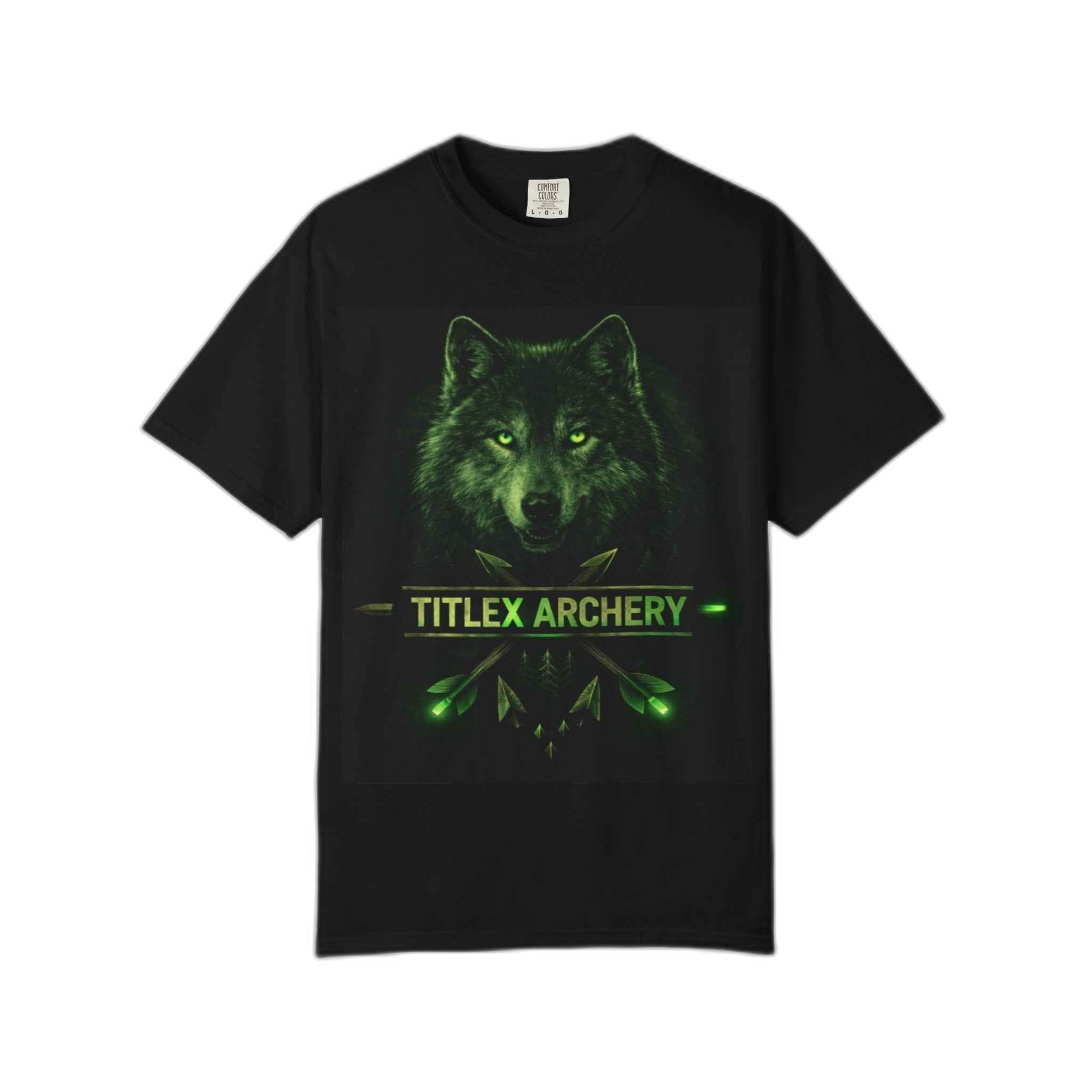 Black t-shirt featuring a green graphic of a wolf head and "TITLEX ARCHERY" text. | titlex-cutout