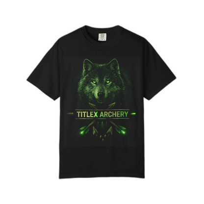 Black t-shirt featuring a green graphic of a wolf head and "TITLEX ARCHERY" text. | titlex-cutout