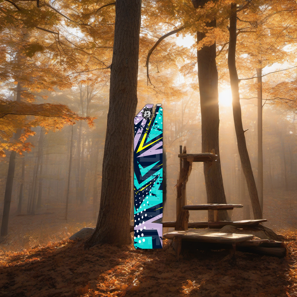 Comic Pop Arrow Wrap on a wooden treestand overlooking a misty, dawn-lit hardwood forest ridge. | titlex-scene-whitetail-treestand