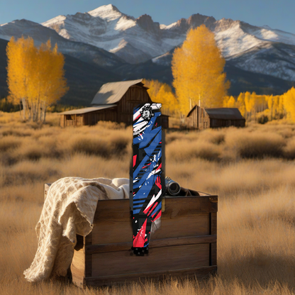 Comic Pop Arrow Wrap on weathered wood in a golden aspen, mountain sunset elk hunting scene. | titlex-scene-western-elk