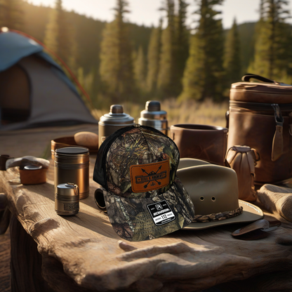 Camo Richardson 112 hat on rustic table at golden hour camp scene. | titlex-scene-fathers-day