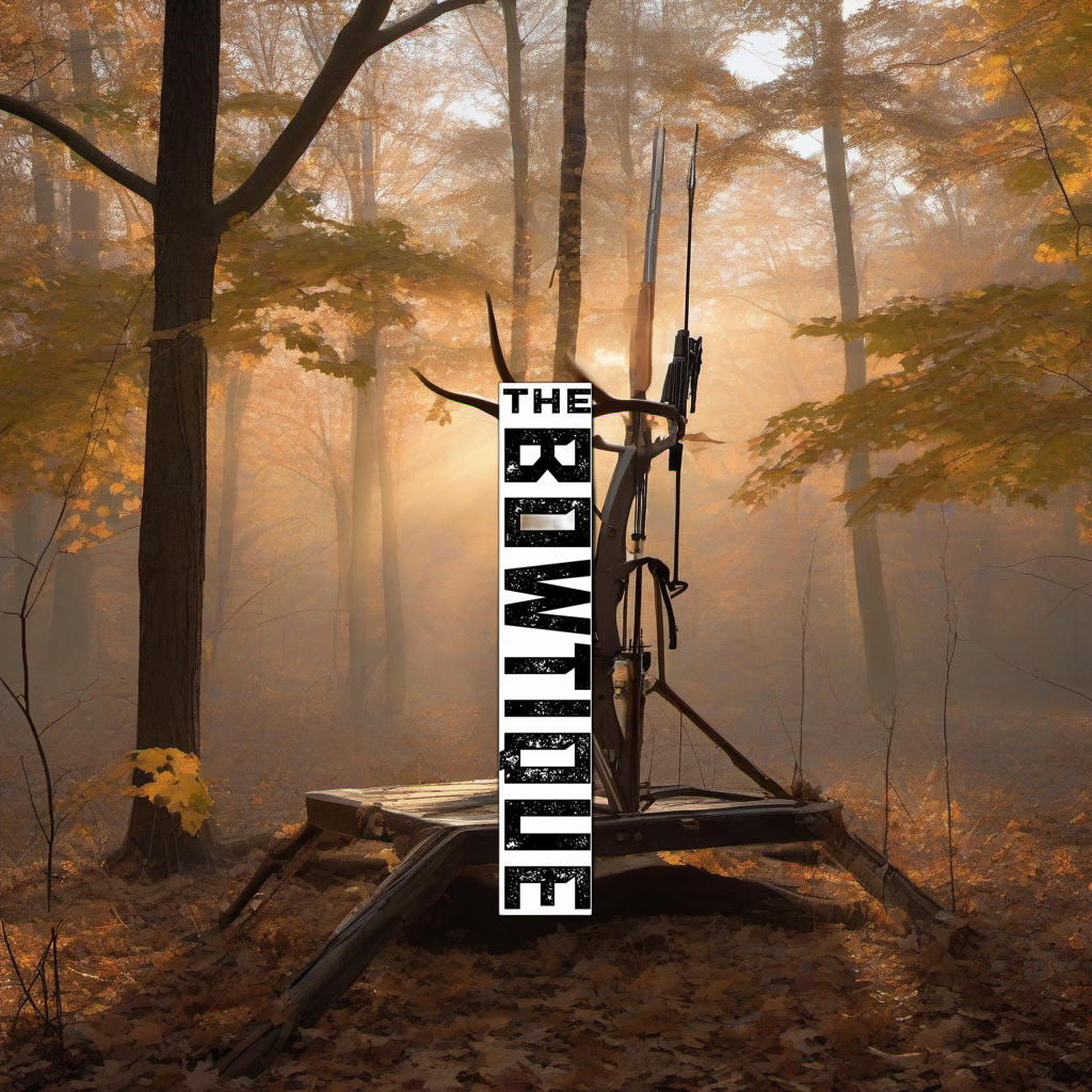 Custom arrow wraps on a wooden treestand overlooking a misty, dawn hardwood forest. | titlex-scene-whitetail-treestand