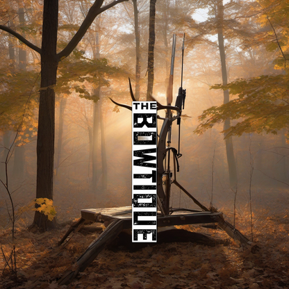 Custom arrow wraps on a wooden treestand overlooking a misty, dawn hardwood forest. | titlex-scene-whitetail-treestand