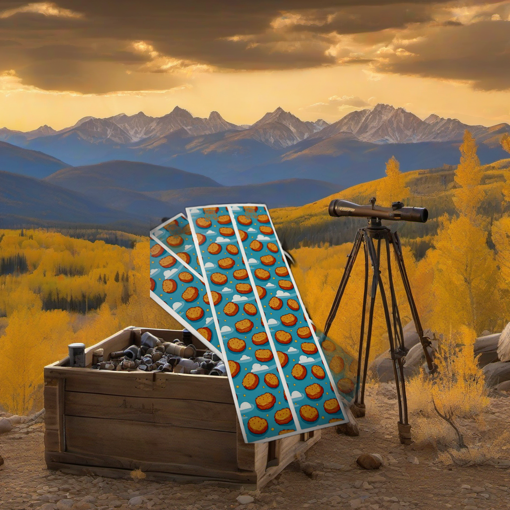 NUGS not DRUGS wraps on weathered wood, set against golden aspens and distant mountains at sunset. | titlex-scene-western-elk