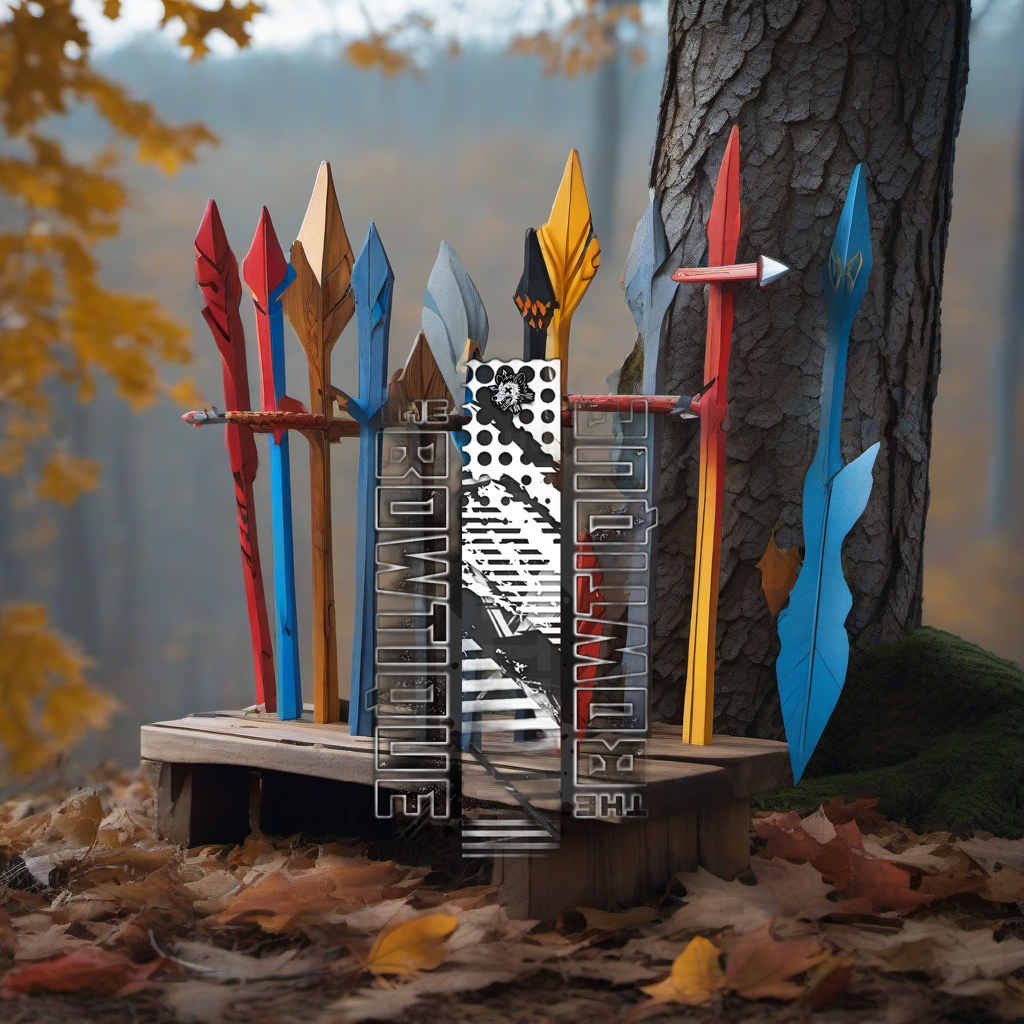 Comic Pop Arrow Wrap on a wooden treestand overlooking a misty, dawn-lit hardwood hunting ridge. | titlex-scene-whitetail-treestand