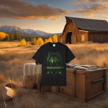 Green Faceoff Wolf Trad displayed on weathered wood in a golden aspen-lit mountain hunting scene. | titlex-scene-western-elk