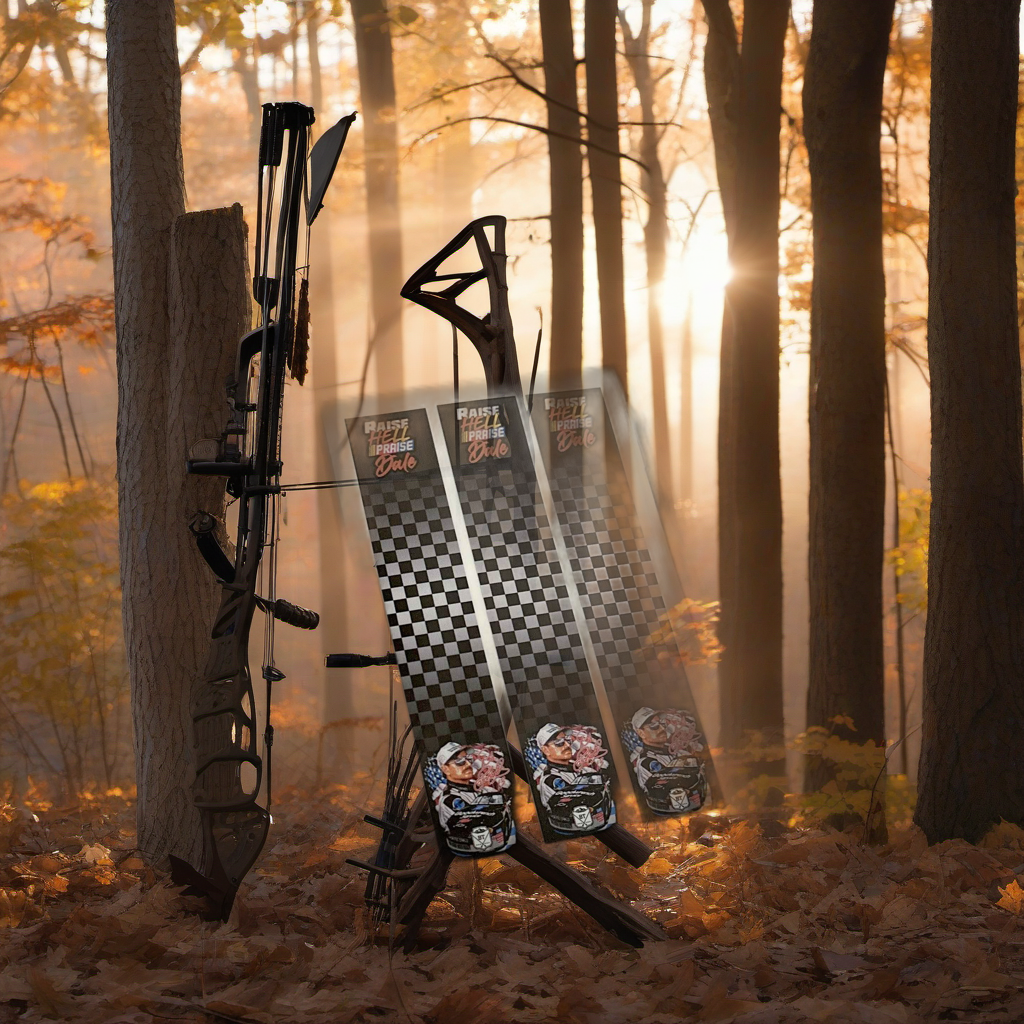 Arrow wraps on a wooden treestand overlooking a misty hardwood forest at dawn. | titlex-scene-whitetail-treestand