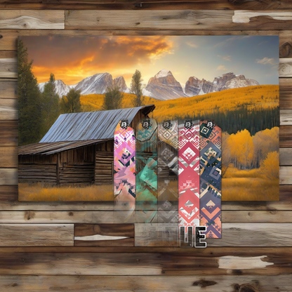 Arrow wraps on weathered wood with golden aspens and mountains at sunset. | titlex-scene-western-elk