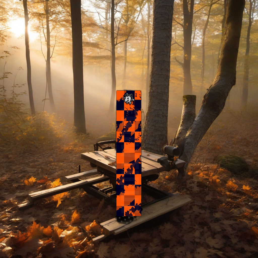Comic Pop Arrow Wrap on a wooden treestand overlooking a misty, dawn-lit Midwest hardwood forest. | titlex-scene-whitetail-treestand