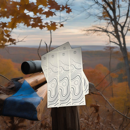 TOPO FADE Arrow Wraps on a wooden treestand overlooking a misty Midwest dawn forest. | titlex-scene-whitetail-treestand