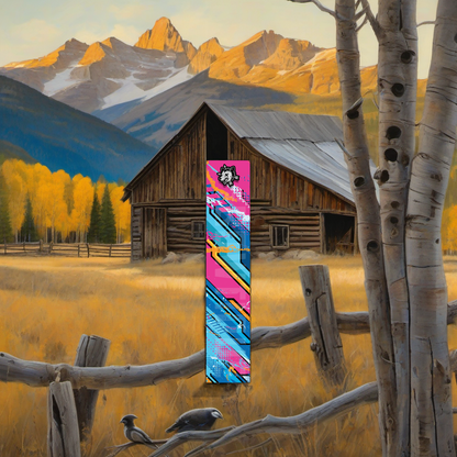Comic Pop Arrow Wrap on weathered wood, set against golden aspens and distant mountains at sunset. | titlex-scene-western-elk