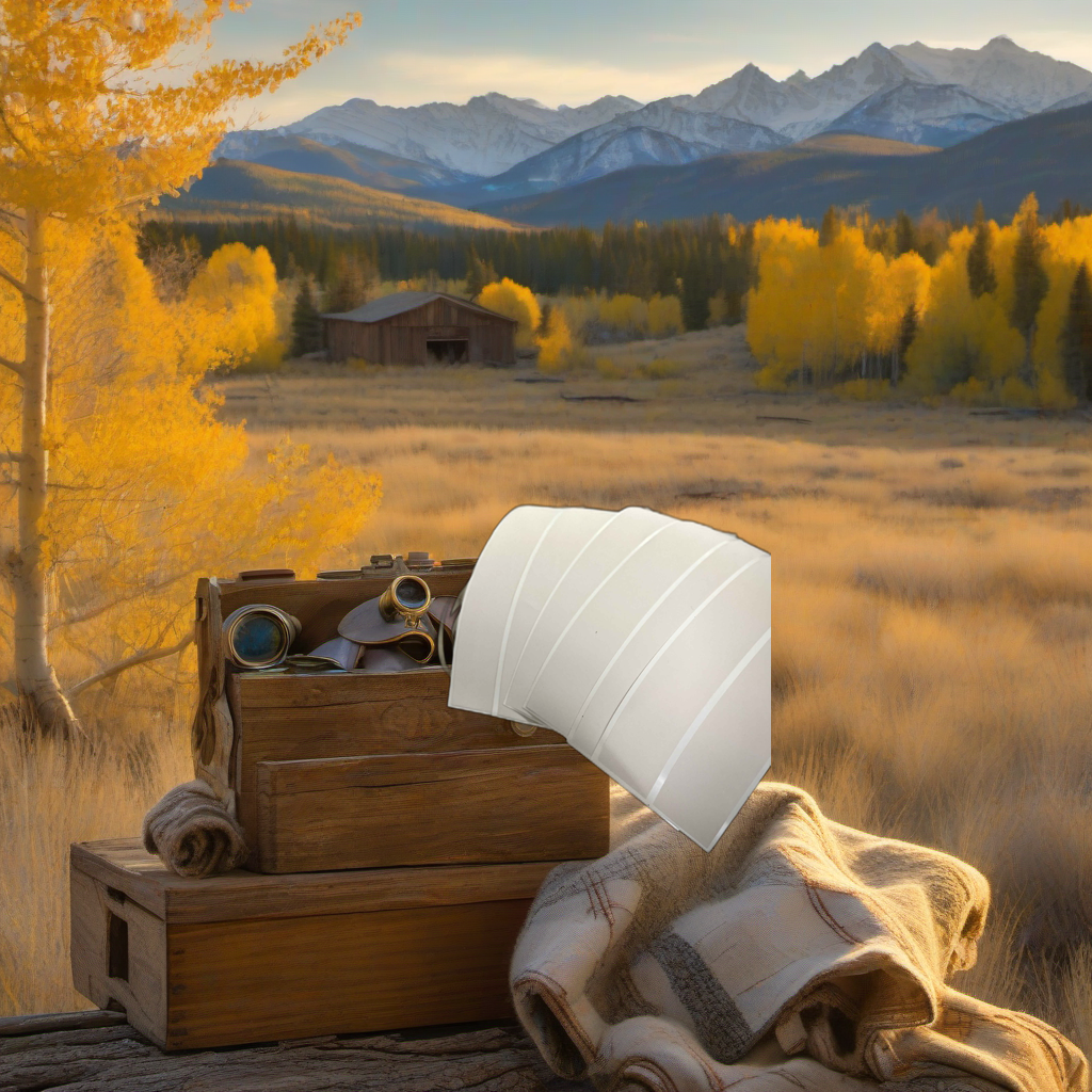 White Diamond Reflective on weathered wood with golden aspens and mountains at sunset. | titlex-scene-western-elk