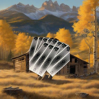 Arrow wraps on weathered wood, set against golden aspens and distant mountains at sunset. | titlex-scene-western-elk
