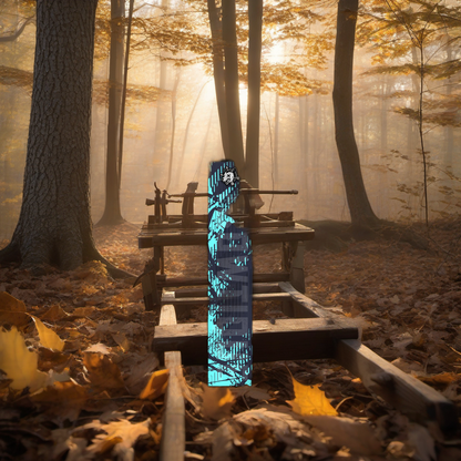 Comic Pop Arrow Wrap on a wooden treestand overlooking a misty, dawn hardwood forest. | titlex-scene-whitetail-treestand