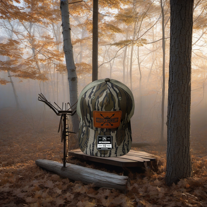 Richardson 112 camo hat on a wooden treestand overlooking a misty hardwood hunting ridge at dawn. | titlex-scene-whitetail-treestand