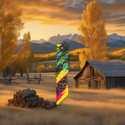 Comic Pop Arrow Wrap on weathered wood in a golden aspen sunset, evoking a high-country elk hunt feel. | titlex-scene-western-elk