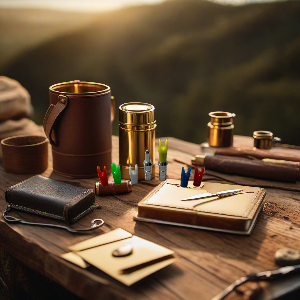 Pin bushings/nocks on rustic wood, styled for a Father's Day gift in golden hour camp setting. | titlex-scene-fathers-day