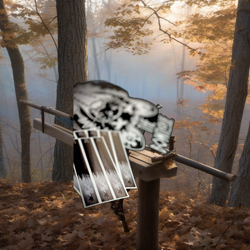 Ravin Arrow Wraps on a wooden treestand overlooking a misty, dawn hardwood timber ridge. | titlex-scene-whitetail-treestand