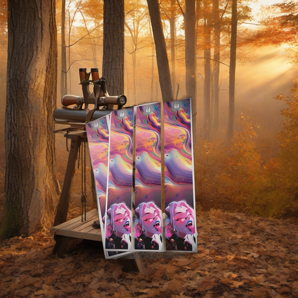 Acid Burn Arrow Wraps on a wooden treestand overlooking a misty, dawn-lit hardwood forest. | titlex-scene-whitetail-treestand