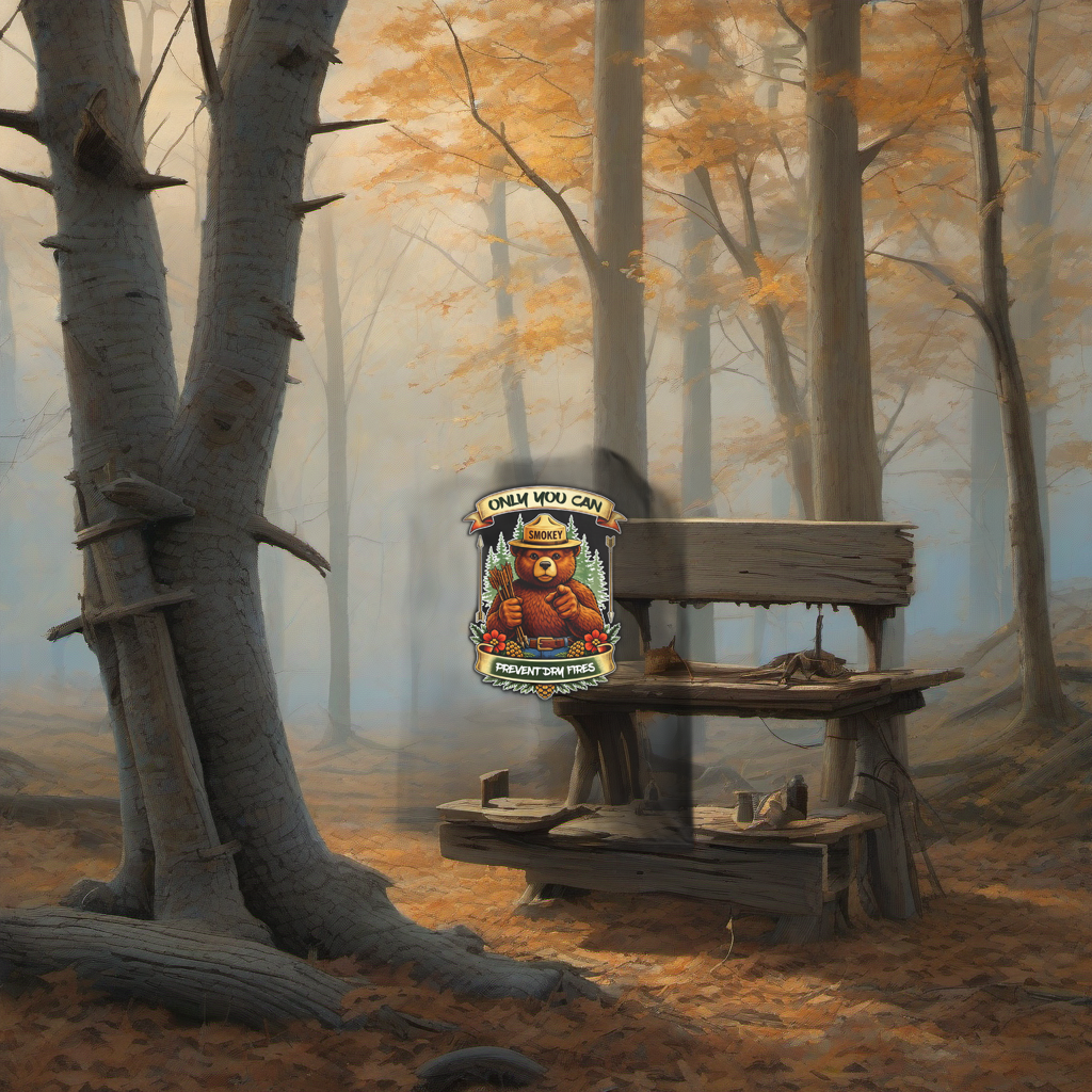 Dry Fire short sleeve on worn treestand overlooking misty hardwood timber at dawn. | titlex-scene-whitetail-treestand
