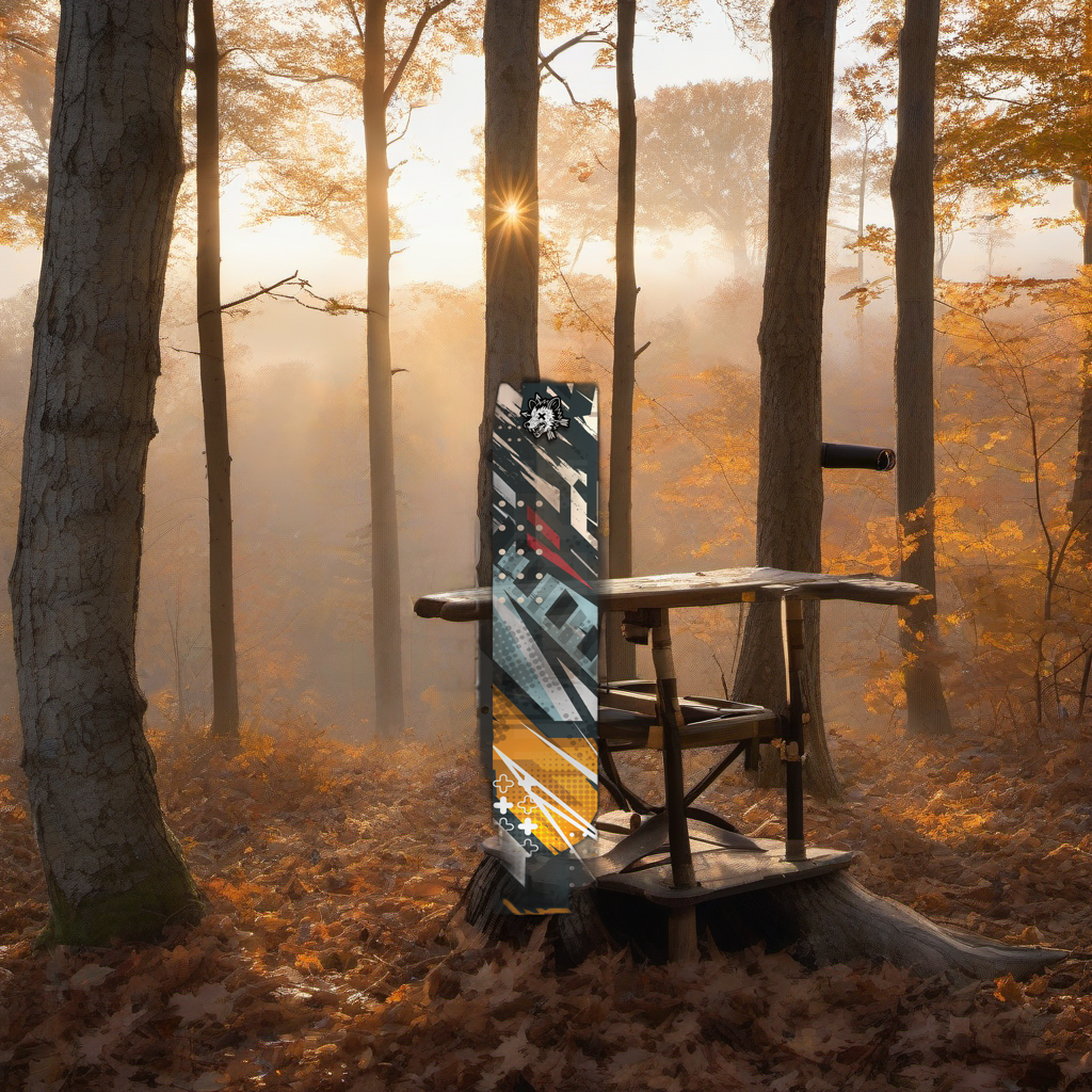 Comic Pop Arrow Wrap on a wooden treestand overlooking a misty, dawn-lit hardwood timber ridge. | titlex-scene-whitetail-treestand