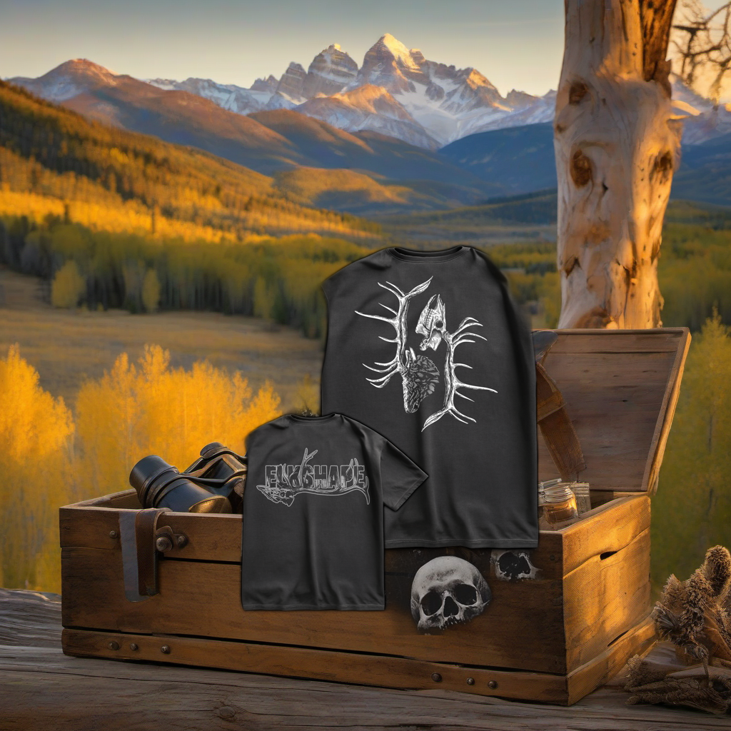 ElkShape short-sleeve top on weathered wood, set against golden aspens and sunset mountains. | titlex-scene-western-elk