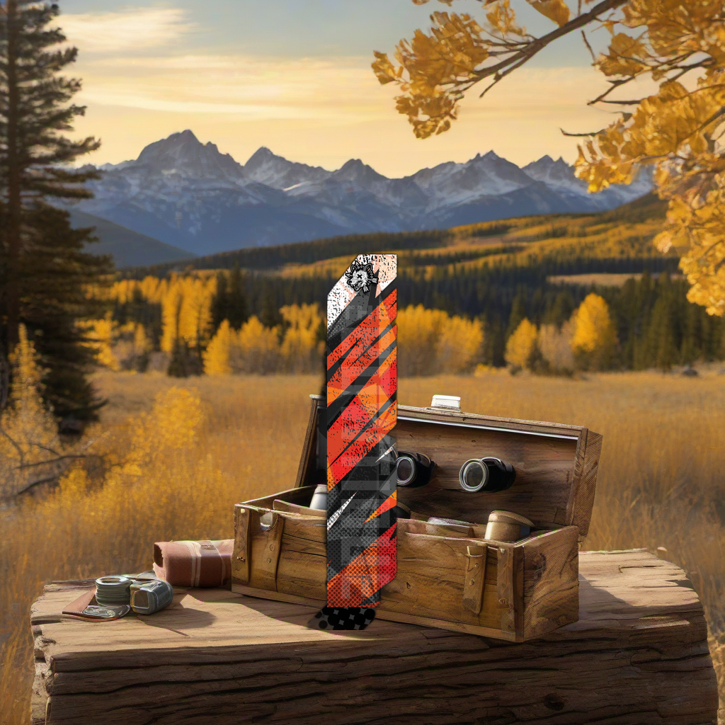 Comic Pop Arrow Wrap on weathered wood, set against a golden aspen and mountain backdrop at sunset. | titlex-scene-western-elk
