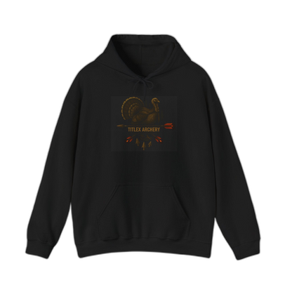Black hoodie featuring a gold and brown turkey graphic with "TITLEX ARCHERY" text. | titlex-cutout