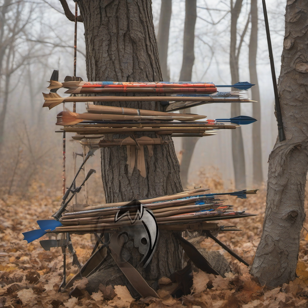 Trapper Keeper Arrow Wraps on a wooden treestand overlooking a misty, dawn-lit hardwood forest. | titlex-scene-whitetail-treestand