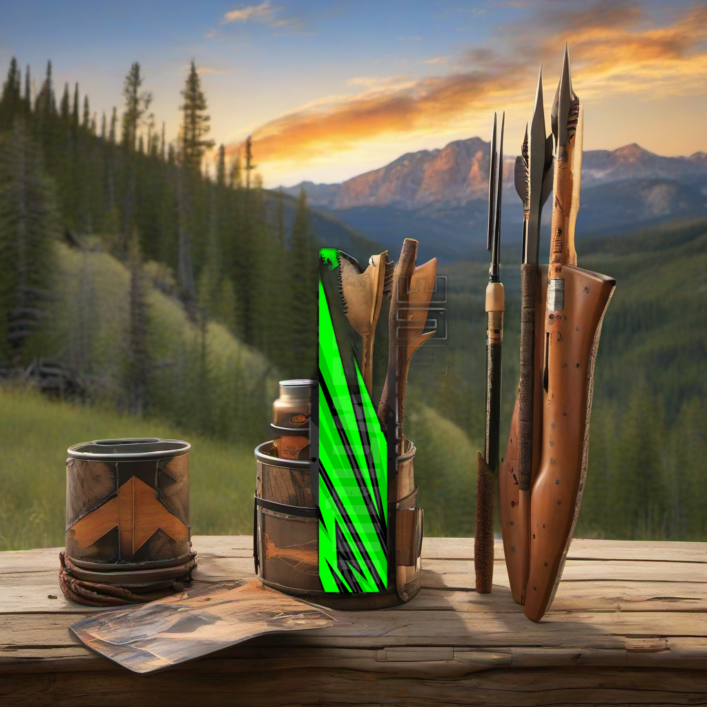 Comic Pop Arrow Wrap on weathered wood in a golden aspen, sunset-lit elk hunting scene. | titlex-scene-western-elk