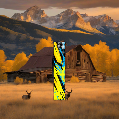 Comic Pop Arrow Wrap on weathered wood in a high-country elk hunting scene at sunset. | titlex-scene-western-elk