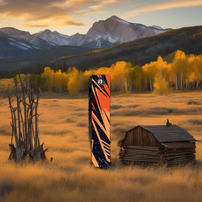 Comic Pop Arrow Wrap on weathered wood with golden aspens and mountains at sunset. | titlex-scene-western-elk