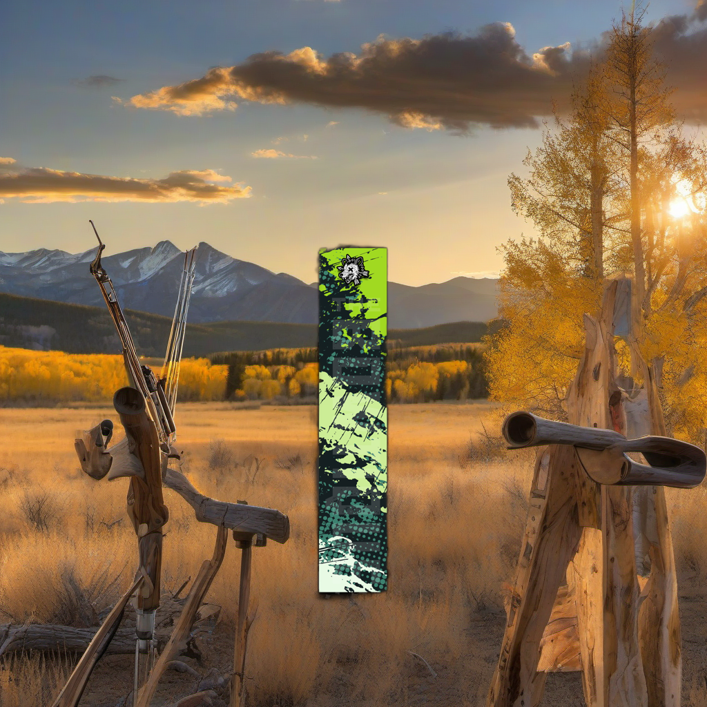 Comic Pop Arrow Wrap on weathered wood in a golden aspen, mountain sunset elk hunting scene. | titlex-scene-western-elk