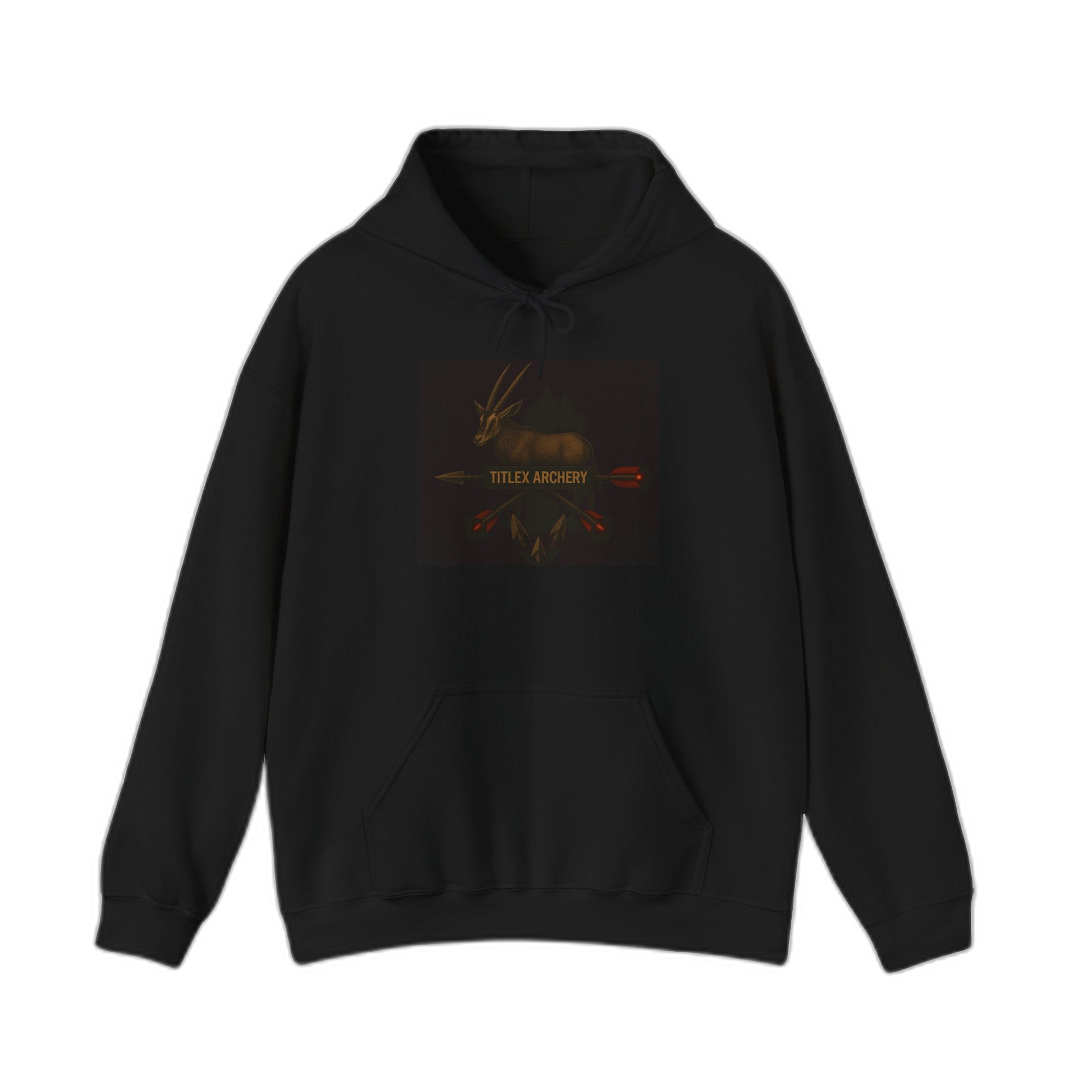 Black pullover hoodie featuring a graphic of an oryx and "TITLEX ARCHERY" in red and gold. | titlex-cutout