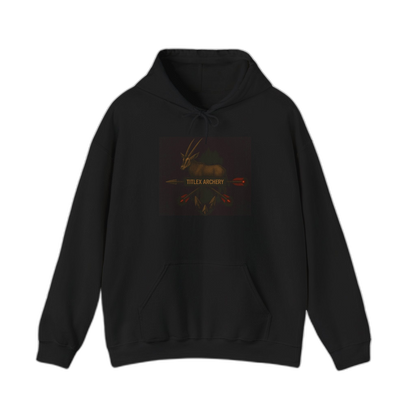 Black pullover hoodie featuring a graphic of an oryx and "TITLEX ARCHERY" in red and gold. | titlex-cutout
