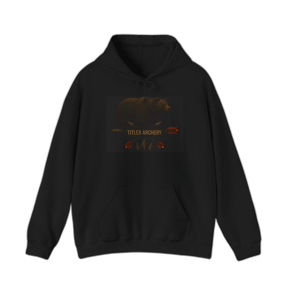 Black pullover hoodie featuring a brown bear graphic and "TITLEX ARCHERY" text. | titlex-cutout