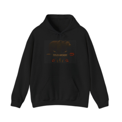 Black pullover hoodie featuring a brown bear graphic and "TITLEX ARCHERY" text. | titlex-cutout