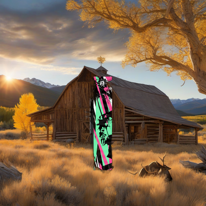 Comic Pop Arrow Wrap on weathered wood, set against golden aspen and mountain backdrop at sunset. | titlex-scene-western-elk
